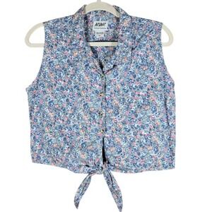 Vintage At Last Basics Top Women M Ditsy Floral Tie Waist Sleeveless Crop Cotton